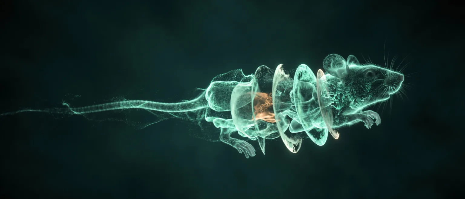 Concept visualisation: a mouse rendered as a particle cloud, its body separating into translucent anatomical cross-sections with one organ glowing.